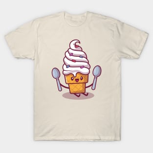 Cute Ice Cream Sitting And Holding Spoons T-Shirt